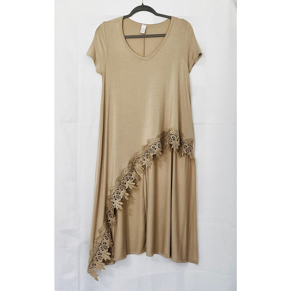 Tan Asymmetrical Maxi Tunic Top Cover-Up Short Sleeve Lace Trim Small